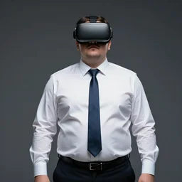 clean - shaven chubby white man wearing white dress shirt, necktie, and dress pants wearing a vr headset. he look mesmerized. iq 4, f / 1. 4, iso 2 0 0, 1 / 1 6 0 s, 8 k, raw, dramatic lighting, symmetrical balance, in - frame