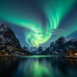 a Norwegian fjord surrounded by mountains at night with the northern lights overhead, trees, completely still mirror water reflecting the sky