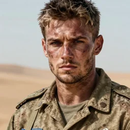 portrait of muscular, tired and fucked up 3 0 - year - old handsome man with short darkblonde hair, serious sad look in his eyes, dirty beard, blue eyes, wearing dirty soldier uniform, on the desert, hyper realistic face, beautiful eyes, character art, art by mark brooks, hyperdetailed, cryengine, trending on artstation, digital art