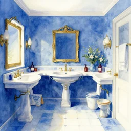 a hiper intricate watercolor of a beatiful bathroom in ultramarine and siena colors, extremely detailed, sharp focus, wide view, smooth, digital illustration, colorfull, by william turner art, by greg rutowski