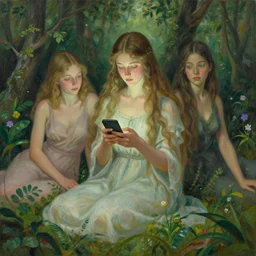 goddess of nature checking her cell phone, art by josephine wall, magic realism, art by huang guangjian, viktoria gavrilenko, art by amanda sage