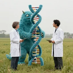 in a field, two scientists in lab coats encounter a monster shaped like the DNA double helix, by Rob Gonsalves