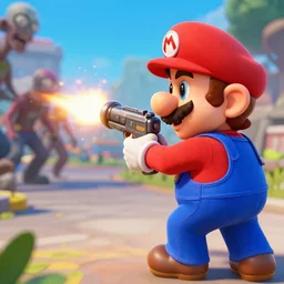 Mario with a minigun shoots back from zombies, 3d graphics, 3d render, details
