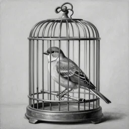 a painting of a bird in a cage, black and white