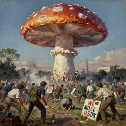 Sacking of Washington DC, Mushroom Cloud, 1958, Oil on Canvas, Antiwar, dramatic, digital art
