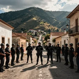 cinematography riot police on the street in small town by Emmanuel Lubezki