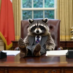 racoon president wearing suit and tie sitting in the oval office with feet on desk