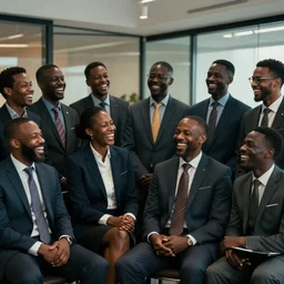 stock photo of ten black people laughing wearing suits and ties in an office building, 8k resolution, full HD, cinematic lighting, award winning, anatomically correct