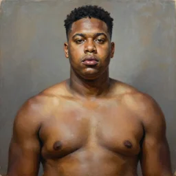 A portrait of a thick powerful and pretty non-binary person, oil painting by Kehinde Wiley, majestic, detailed, high resolution