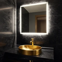 bathroom, black marble tiles, gold sink and faucet, backlit mirror