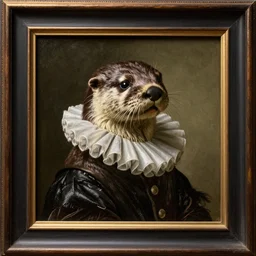 unframed dutch golden age oil painting portrait of an otter wearing a ruff collar, warm lighting, chiaroscuro