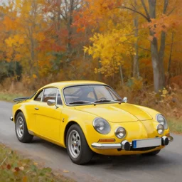 an oil painting of a yellow alpine A110 in autumn