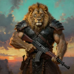 muscular oversized  proud lion animal as barbarian hunter  wearing  black vest  armor and automatic rifle weapon and anthropomorphic human oversized mutant proportions and very hairy body ,  depressed pose , backlight  body , extreme very textured detailed panoramic portrait oil painting by rembrandt, sunset, dramatic clouds and cyan atmosphere