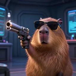 capybara!!! gun gun mob boss holding a gun!!!! gun gun gun gun gun gun gun gun from the new pixar adventure film!!! capybara!!! with!! gun!!!, 8 k, f 1. 8, macro profile picture of capybara holding gun, wearing sunglasses in a dark surveillance control!!! room, face