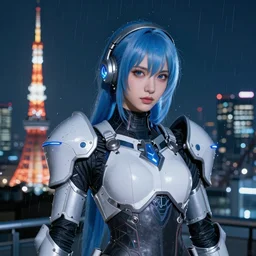A hyperrealistic portrait painting of a cyber warrrior girl, blue and white silver color armor, ultradetailed face expression trending on artstation and artbreeder, cyberpunk color feel raining at tokyo midnight rooftop, unreal 5, DAZ, 8k, unreal 5 engine render, cosplay, RPG portrait, final fantasy Vll world concept, dramatic lighting, rim lights, PS5 render quality