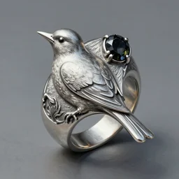 silver ring with an engraved bird with a black gem on it's back it, highly detailed, digital painting, trending on artstation, concept art, sharp focus, illustration, art by artgerm and greg rutkowski and magali villeneuve