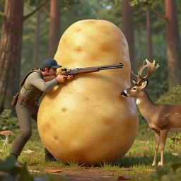 a large potato shooting a deer with a rifle in the woods with sun high above and cloudy, ultra realistic, concept art, intricate details, highly detailed