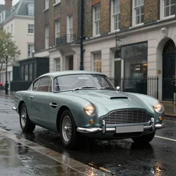 a wholesome animation key shot of one focused aston martin db 5, on parked on a wet london street, raining, ultra wide shot, studio ghibli, pixar and disney animation, sharp, very detailed, high resolution, rendered in unreal engine 5, anime key art by greg rutkowski, dull overcast lighting, wet weather