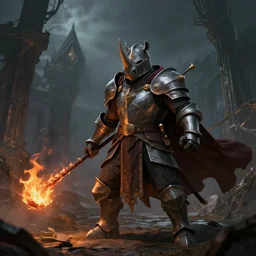 A rhino knight protagonist wearing a cape and wielding an fiery whip is exploring a forsaken dark kingdom, cinematic lighting, trending on ArtStation, highly detailed, ambient lighting, Ted Nasmith style