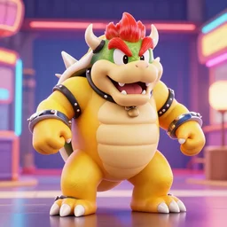 portrait photograph of an extremely beautiful!!!! bowser from super mario. standing on a japanese neon lit street. looking at the camera!!. super resolution. extremely detailed. graflex camera!, bokeh!!!!! trending on artstation.