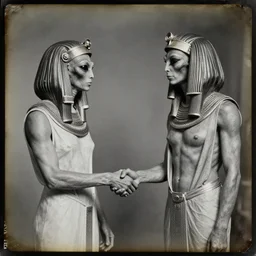 A daguerreotype photograph of a gray alien shaking hands with Cleopatra.