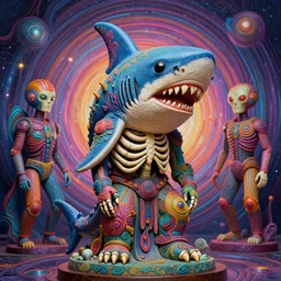 surreal portrait statue of alien skeleton shark as a psychedelic neural tiki reptile stone god by naoto hattori, android jones, and chris dyer, deep bold colors, galactic dmt entity, depth of field, intricate beautiful painting, billions of details, octane render, portal, 8 k, detailed vector, trending on artstation, cgisociety