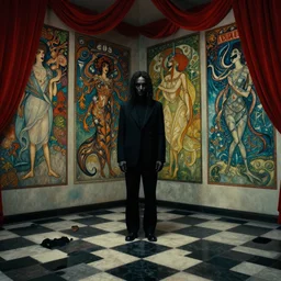 extremely detailed checkerboard movie shot portrait of a dark bizarre figure standing in the corner of a checkerboard checkerboard room by denis villenueve, arnold bocklin, lovecraft, roger dean, amano, mucha, tentacles, dynamic composition, rich moody colours, red drapes