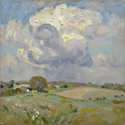 oil paint impasto relief, rolling sussex downs near mount caburn, atmospheric, cumulus clouds, sun and rain, some splattered paint, in the style of monet and frank auerbach