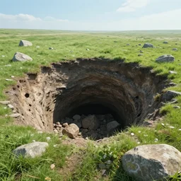 landscape, a giant hole in the ground, abyss from made in abyss, photorealistic cinematic concept art, overgrown stones and grass fields bright day