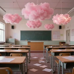 pink clouds hovering in empty American classroom with paper scattered across the room in the year 2000, nostalgic