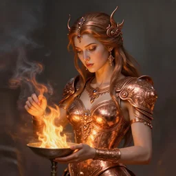 stunning goddess of copper smithing portrait, bright flames, smoke, fantasy, intricate, elegant, highly detailed, digital painting, artstation, concept art, smooth, sharp focus, illustration, art by afshar petros and krenz cushart and artem demura and tony sandoval