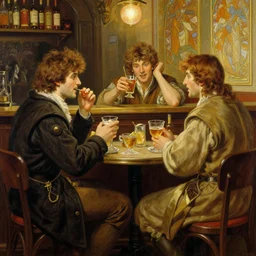 attractive arthur pendragon and merlin go to a pub together to have some drinks. highly detailed painting by gaston bussiere, craig mullins, j. c. leyendecker, alphonse mucha 8 k