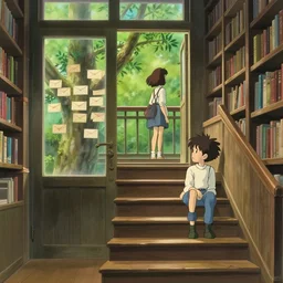 in the beautiful and gentle library with wooden european steps, next to the door leading to the balcony is a girl. outside the door is a tree full of envelopes. under the tree is a boy, dreamy, aesthetical, japanese animation, miyazaki