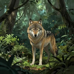 A wolf is lurking behind the bushes in the jungle, by hajime sorayama and boris vallejo, trending on artstation,