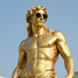 god moloch statue wearing round sunglasses, gold, digital art, classical art, sharp focus, clear sky, muscular, ancient greek