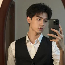 a man with black vest and white shirt selfie in mirror