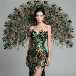 a very beautiful elegant woman wearing a dress made from peacock feathers, hyperrealistic, art by greg rutkowski