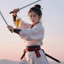 highly detailed beautiful photo of a madison beer as a young female samurai, practising sword stances, art by koyoharu gotouge, symmetrical face, beautiful eyes, realistic, 8 k, award winning photo, pastels colours, action photography, 1 / 1 2 5 shutter speed, sunrise lighting,