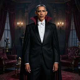 barack obama posing as a vampire in gothic clothing in an dark gothic apartment