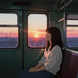 lone girl waiting inside a 70s train in a half remembered dream, stanley kubrick the shinning, vibrant colors americana, cinematic, volumetric lighting, god rays, sunset, realistic, detailed, studio ghibli anime style