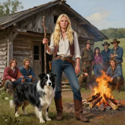 highly detailed hyperrealistic painting of a blonde long - haired hillbilly standing in front of old rough house holding a stick, with his fluffy black and gray australian shepherd, bonfire, stephen bliss, art by greg rutkowski, loish, rhads, ferdinand knab, makoto shinkai and lois van baarle, tom bagshaw, global illumination, artstation