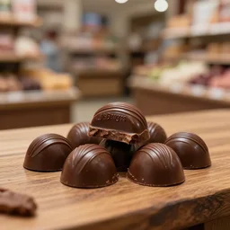 5 5 mm photo of a pile of freshly jeff de bruges chocolate on a wooden table in a candy store. dof. bokeh. magical atmosphere. art by greg rutkowski. highly detailed 8 k. intricate. lifelike. soft light. nikon d 8 5 0.