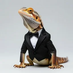 photograph of a lizard wearing a tuxedo