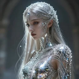 a goddess covered by shiny metal and crystals, light coming from being, depth of field, concept art in the style of Daniel Dociu