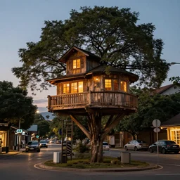 evening light buildings on treehouse, street scene,, by greg rutkowski