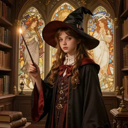 highly detailed portrait of a a young girl wizard with a wand in alibrary, unreal engine, in the style of greg rutkowski and alphonse mucha, global illumination, detailed and intricate environment, mysterious, comfort, in the style of aetherpunk