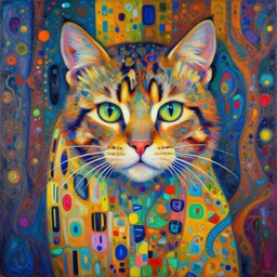 wild forest cat portrait an oil painting splashes with many colors and shapes by gustav klimt greg rutkowski and alphonse mucha, polycount, generative art, psychedelic, fractalism, glitch art