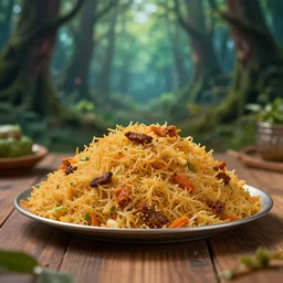 5 5 mm photo of a pile of freshly cooked kabsa on a wooden table in a magical forest. dof. bokeh. magical atmosphere. art by greg rutkowski. highly detailed 8 k. intricate. lifelike. soft light. nikon d 8 5 0.