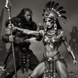 fight, aztec warrior princess fights barbarian with futuristic staff, inspired by mad max and dark fantasy and fashion, beautiful  body, clean brutal blooded  symmetrical face,  brutal bloody  and sluty make up, epic,dramatic lighting, cinematic, establishing shot, extremely high detail, photorealistic,  brutal, provocative , cinematic lighting, artstation, octane render, dark fantasy ,old photo, vintage, black and white, Boris vallejo, sepia, old photography, documentary photography