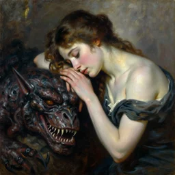 oil painting of a beautiful woman mourning the death of a monster by Guillaume Seignac